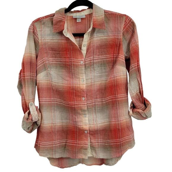 Dress Barn Lightweight Roll Tab Sleeve Blouse S Peach Coral Plaid Button India - Picture 1 of 15
